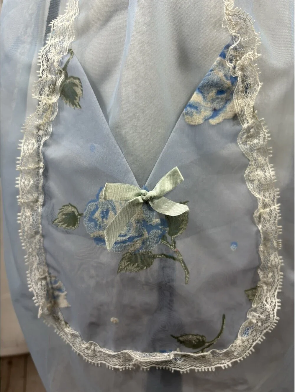 VTG 50s Hostess Half Apron Blue Organza White Trim Blue Roses Applications